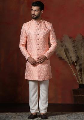 Peach Printed Cotton Blend Sherwani Pyjama Set For Men