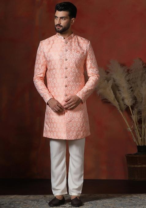 Peach Printed Cotton Blend Sherwani Pyjama Set For Men