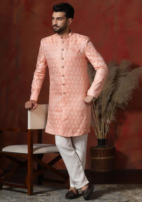 Peach Printed Cotton Blend Sherwani Pyjama Set For Men
