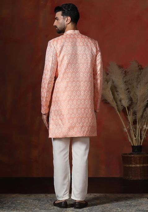 Peach Printed Cotton Blend Sherwani Pyjama Set For Men