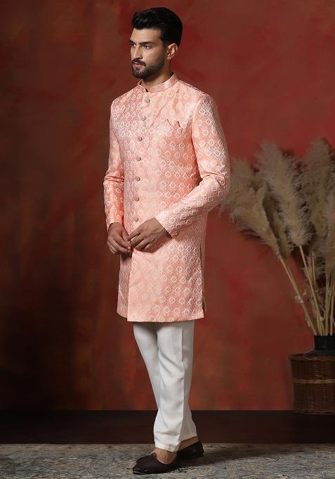 Peach Printed Cotton Blend Sherwani Pyjama Set For Men