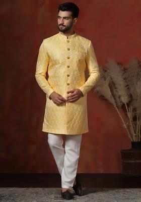Yellow Printed Cotton Blend Sherwani Pyjama Set For Men