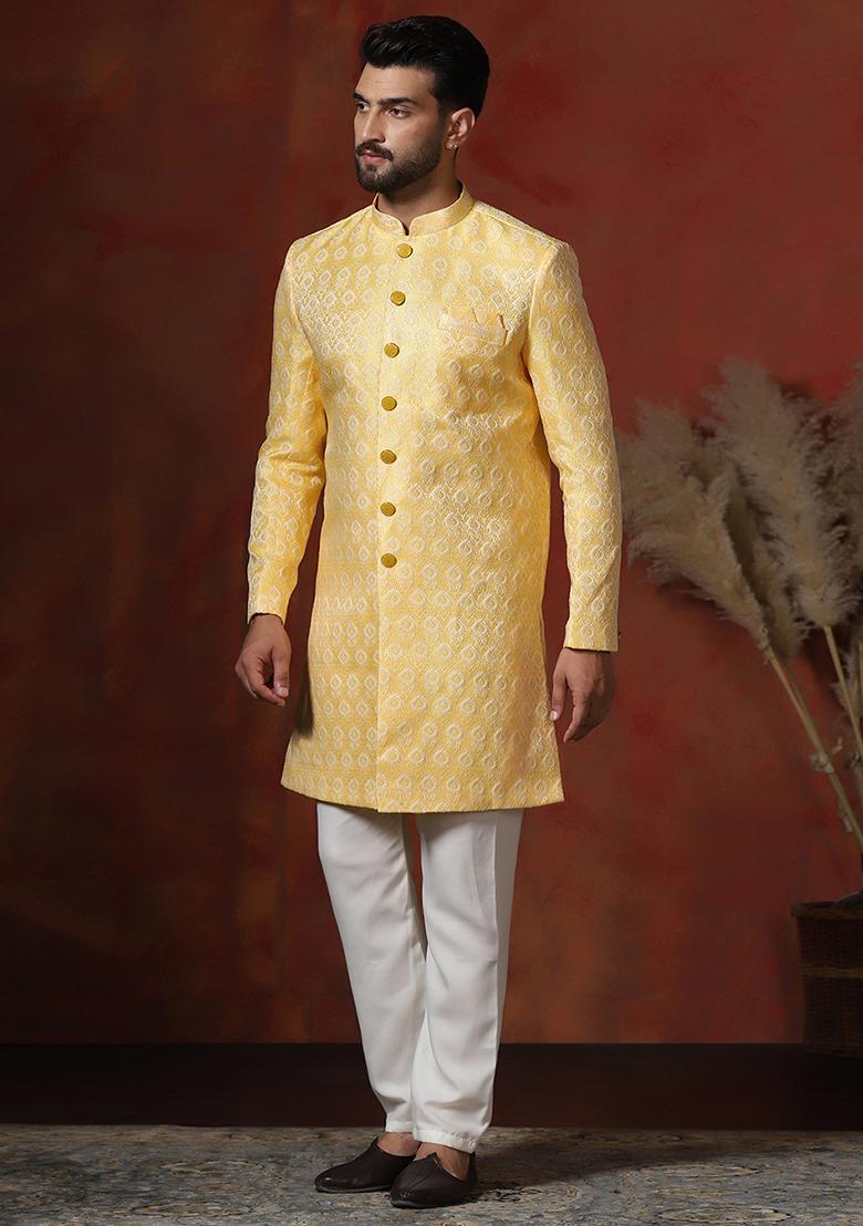 Yellow Printed Cotton Blend Sherwani Pyjama Set For Men - Indya