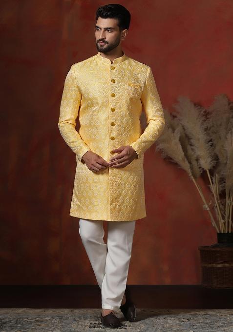 Yellow Printed Cotton Blend Sherwani Pyjama Set For Men