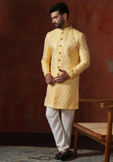 Yellow Printed Cotton Blend Sherwani Pyjama Set For Men