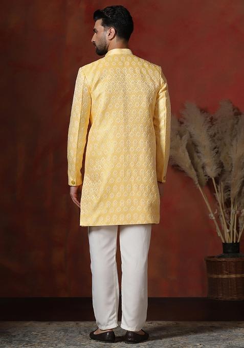 Yellow Printed Cotton Blend Sherwani Pyjama Set For Men