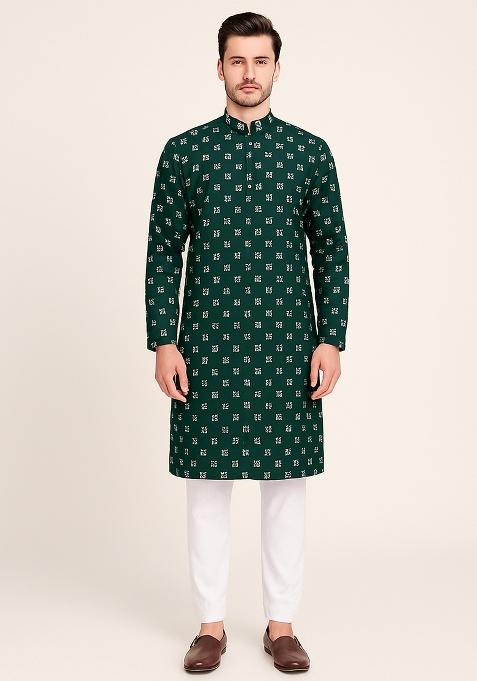 Green Embroidery Cotton Kurta With Pyjama For Men