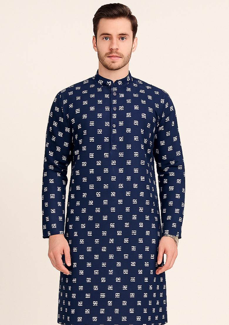 Blue Embroidery Cotton Kurta With Pyjama For Men