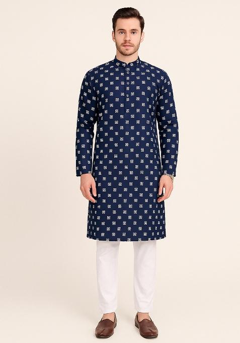 Blue Embroidery Cotton Kurta With Pyjama For Men