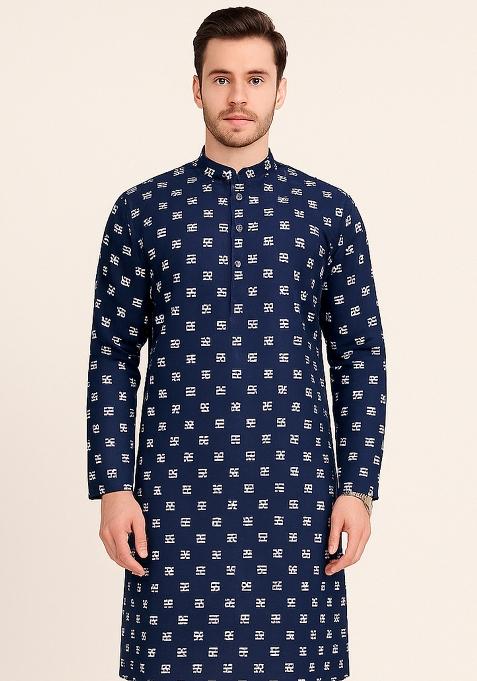 Blue Embroidery Cotton Kurta With Pyjama For Men