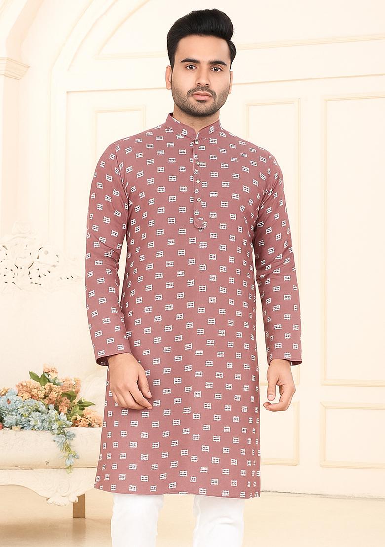 Peach Embroidery Cotton Kurta With Pyjama For Men - Indya