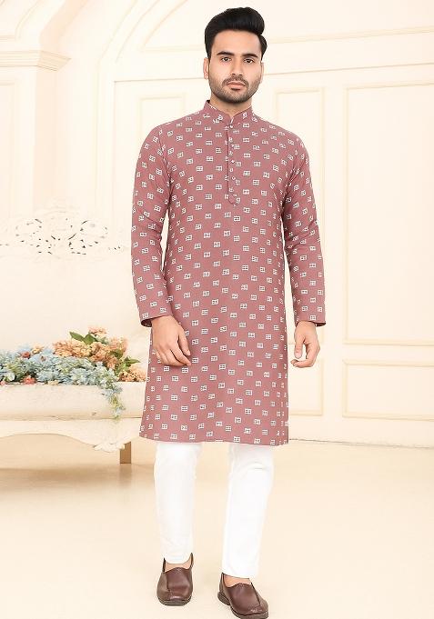 Peach Embroidery Cotton Kurta With Pyjama For Men