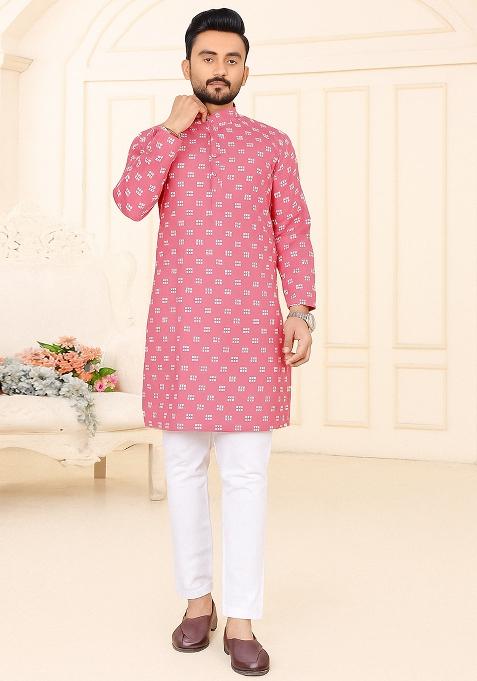 Pink Embroidery Cotton Kurta With Pyjama For Men