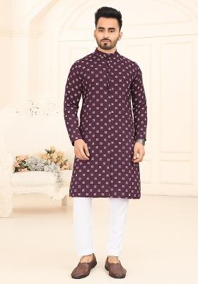 Wine Embroidery Cotton Kurta With Pyjama For Men