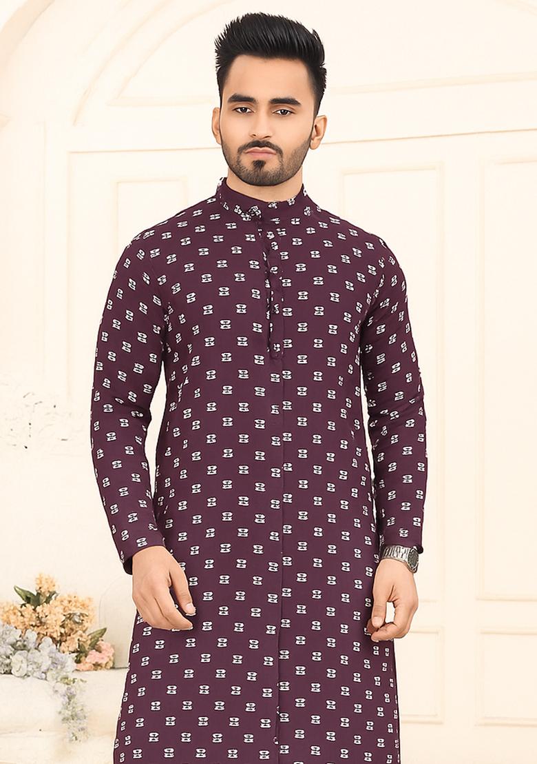 Wine Embroidery Cotton Kurta With Pyjama For Men - Indya