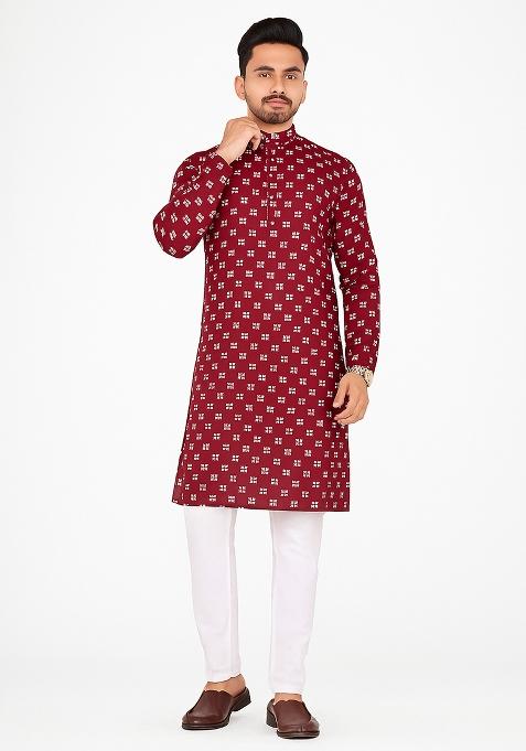 Red Embroidery Cotton Kurta With Pyjama For Men