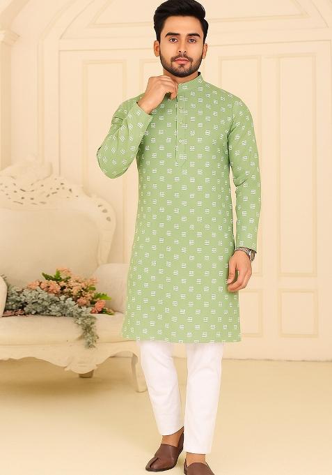 Mint Green Embroidery Cotton Kurta With Pyjama For Men
