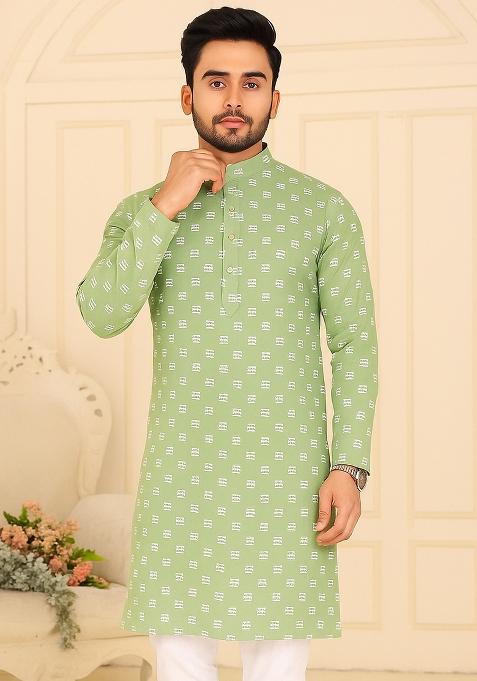 Mint Green Embroidery Cotton Kurta With Pyjama For Men