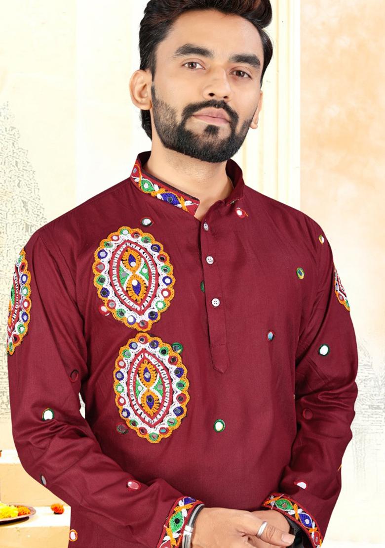 Red Embroidery Rayon Kurta With Pyjama For Men - Indya