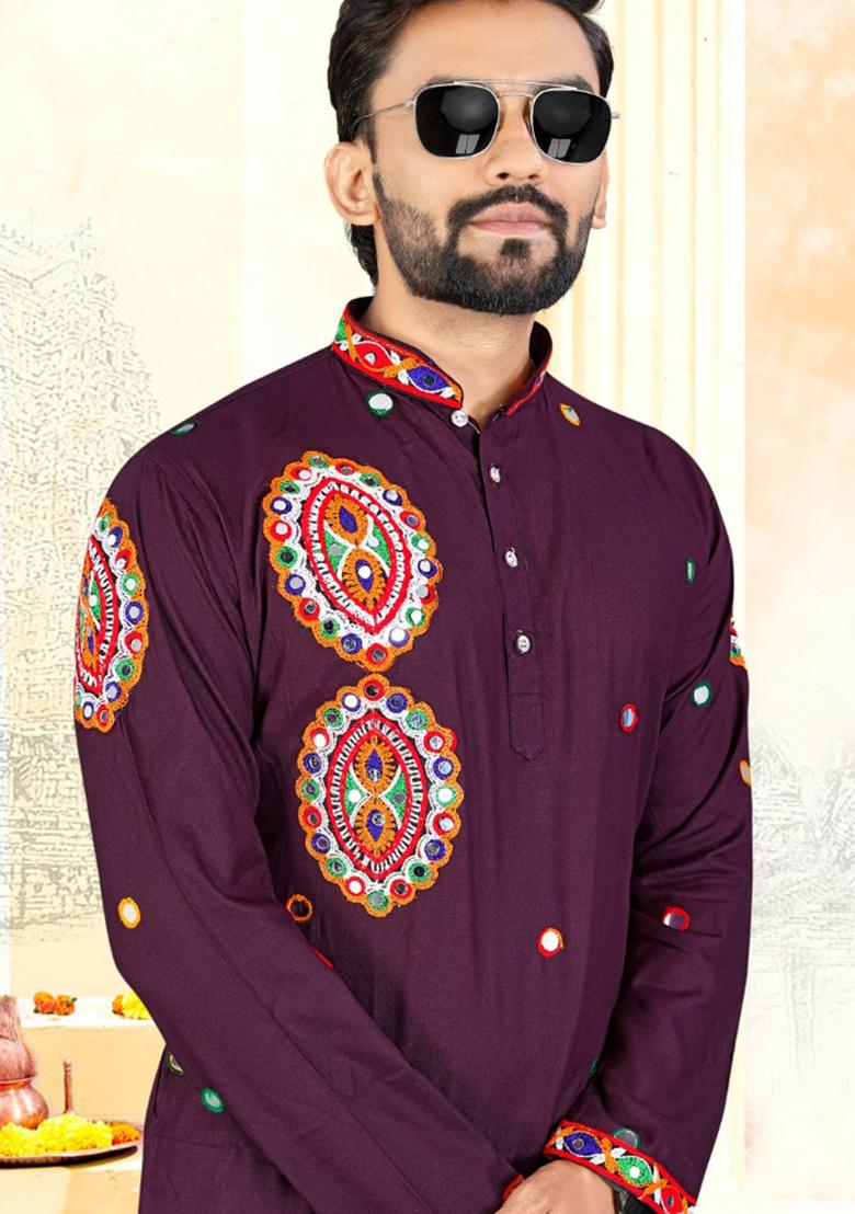 Wine Embroidery Rayon Kurta With Pyjama For Men - Indya