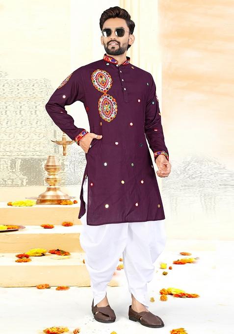 Wine Embroidery Rayon Kurta With Pyjama For Men