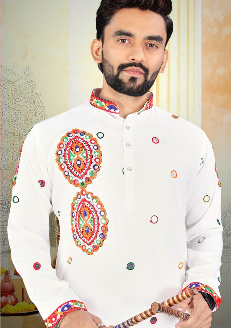 White Embroidery Rayon Kurta With Pyjama For Men - Indya