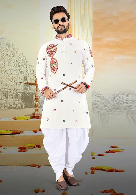 White Embroidery Rayon Kurta With Pyjama For Men
