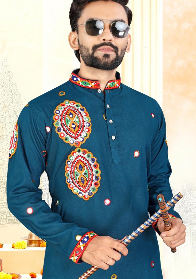 Blue Embroidery Rayon Kurta With Pyjama For Men - Indya