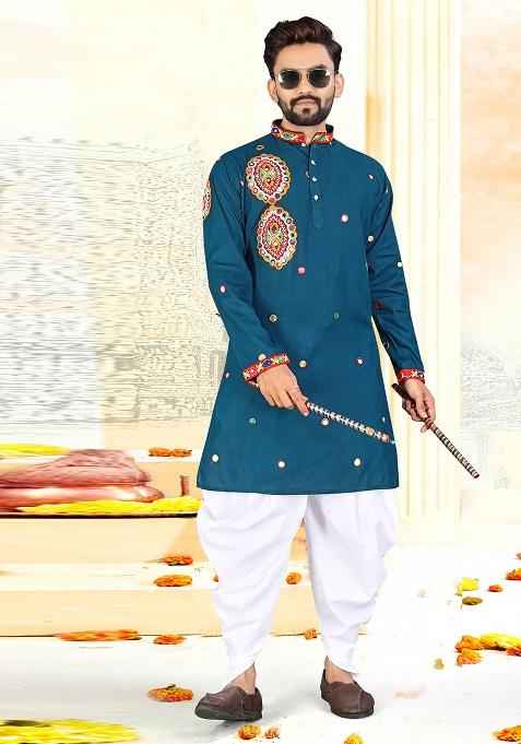 Blue Embroidery Rayon Kurta With Pyjama For Men