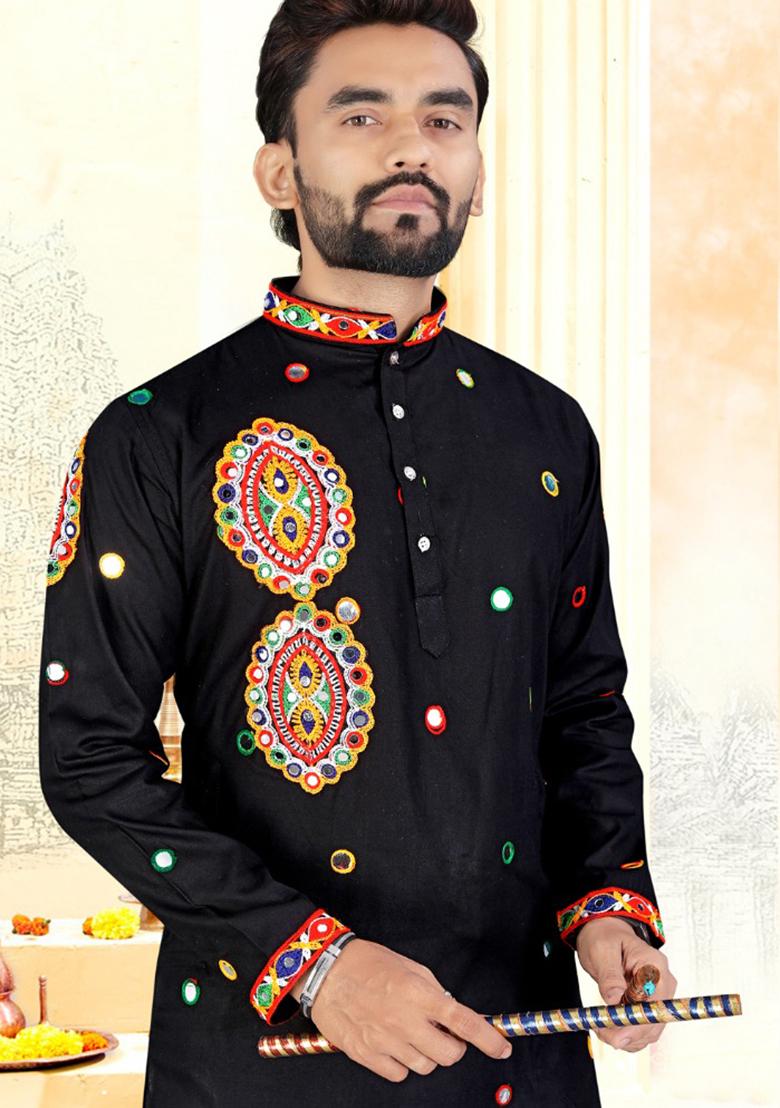 Black Embroidery Rayon Kurta With Pyjama For Men - Indya
