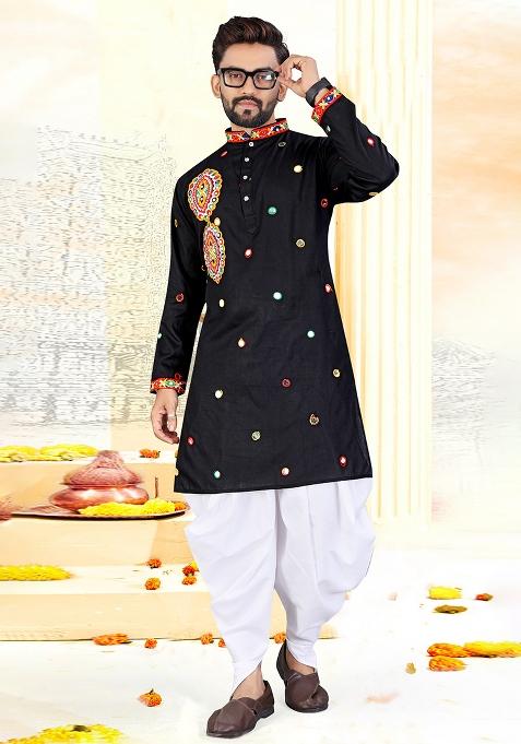 Black Embroidery Rayon Kurta With Pyjama For Men