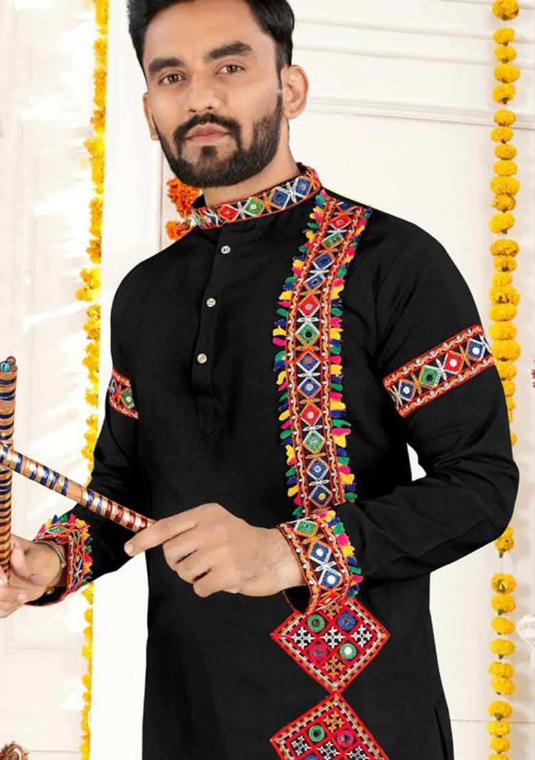 Black Embroidery Cotton Kurta With Pyjama For Men - Indya