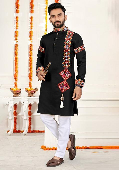 Black Embroidery Cotton Kurta With Pyjama For Men