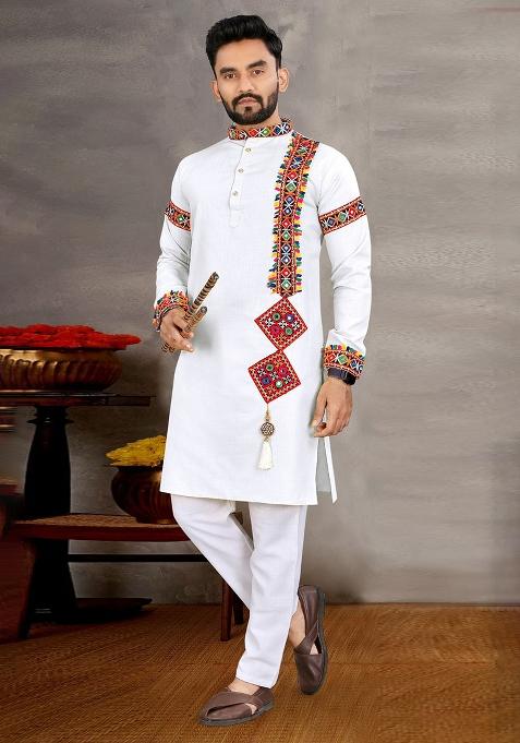 White Embroidery Cotton Kurta With Pyjama For Men