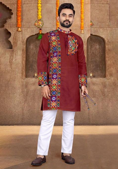 Red Embroidery Cotton Kurta With Pyjama For Men