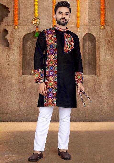 Black Embroidery Cotton Kurta With Pyjama For Men