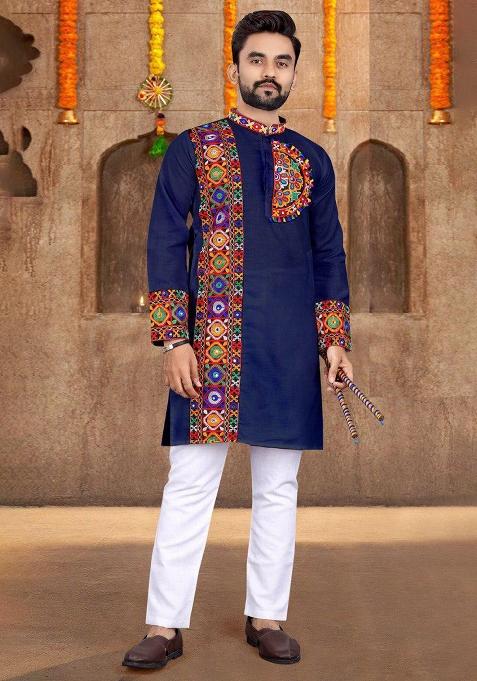 Blue Embroidery Cotton Kurta With Pyjama For Men