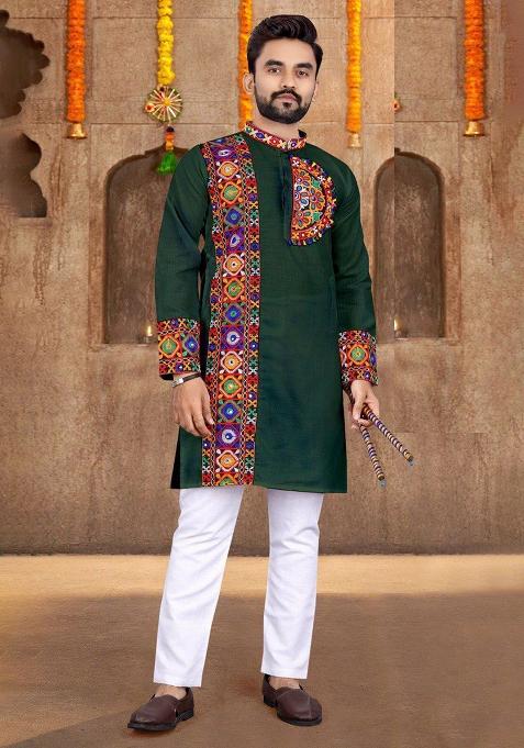 Green Embroidery Cotton Kurta With Pyjama For Men