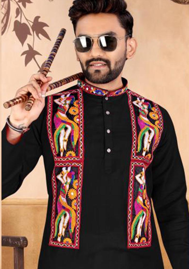 Black Embroidery Cotton Kurta With Pyjama For Men - Indya