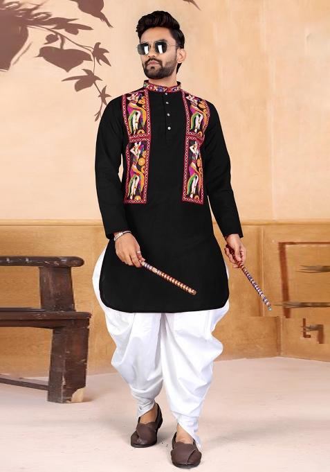 Black Embroidery Cotton Kurta With Pyjama For Men
