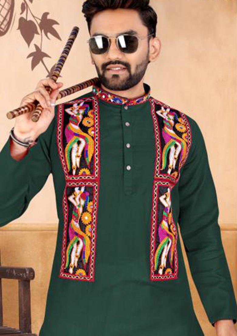 Green Embroidery Cotton Kurta With Pyjama For Men - Indya