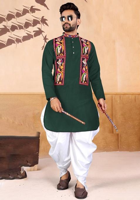 Green Embroidery Cotton Kurta With Pyjama For Men