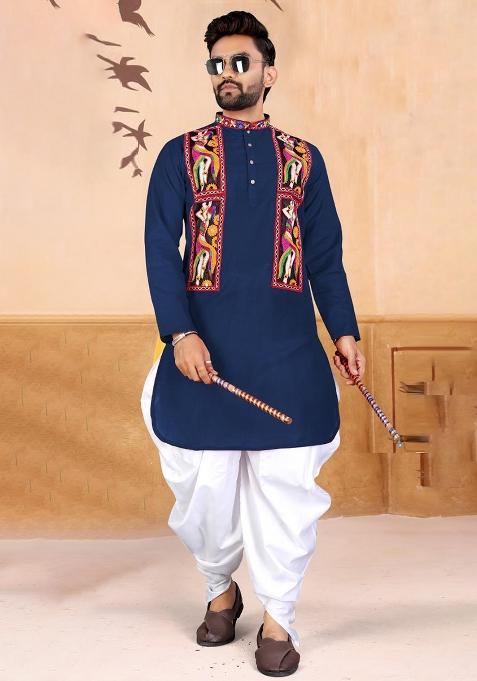 Blue Embroidery Cotton Kurta With Pyjama For Men