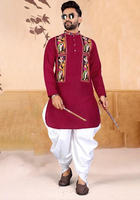 Red Embroidery Cotton Kurta With Pyjama For Men