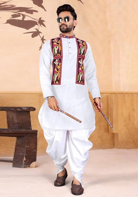 White Embroidery Cotton Kurta With Pyjama For Men