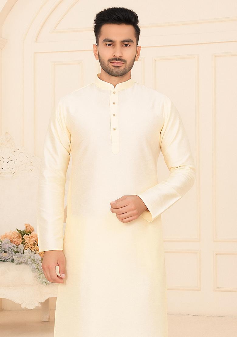 Cream Embroidery Silk Kurta With Pyjama For Men - Indya