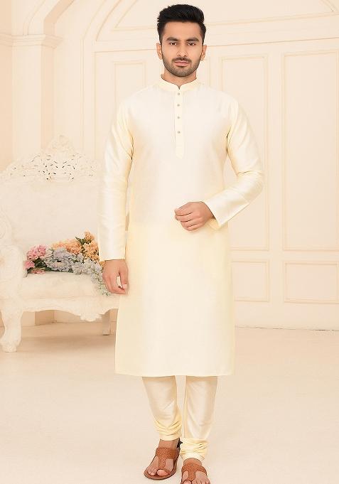 Cream Embroidery Silk Kurta With Pyjama For Men