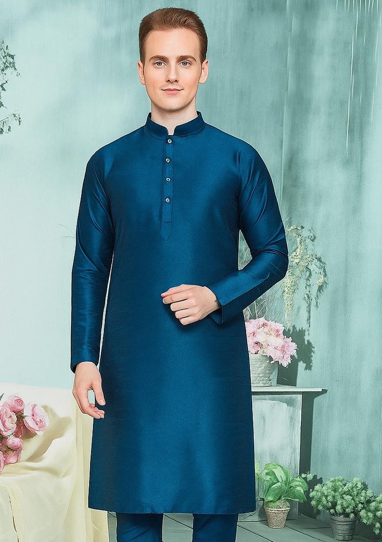 Teal Blue Embroidery Silk Kurta With Pyjama For Men - Indya