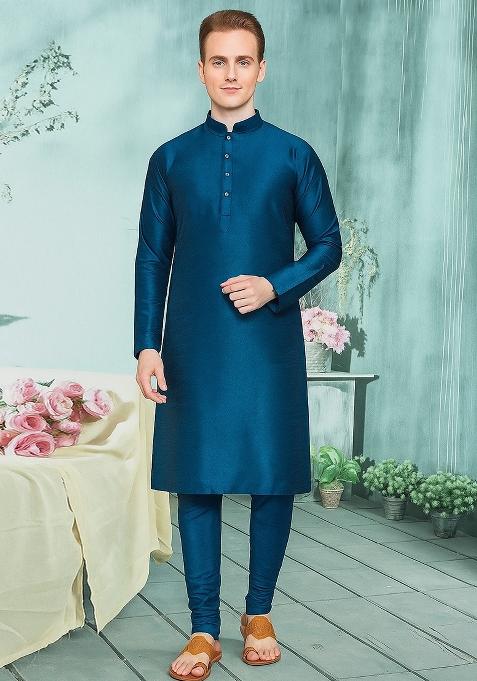 Teal Blue Embroidery Silk Kurta With Pyjama For Men