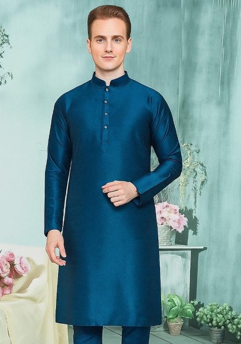 Teal Blue Embroidery Silk Kurta With Pyjama For Men